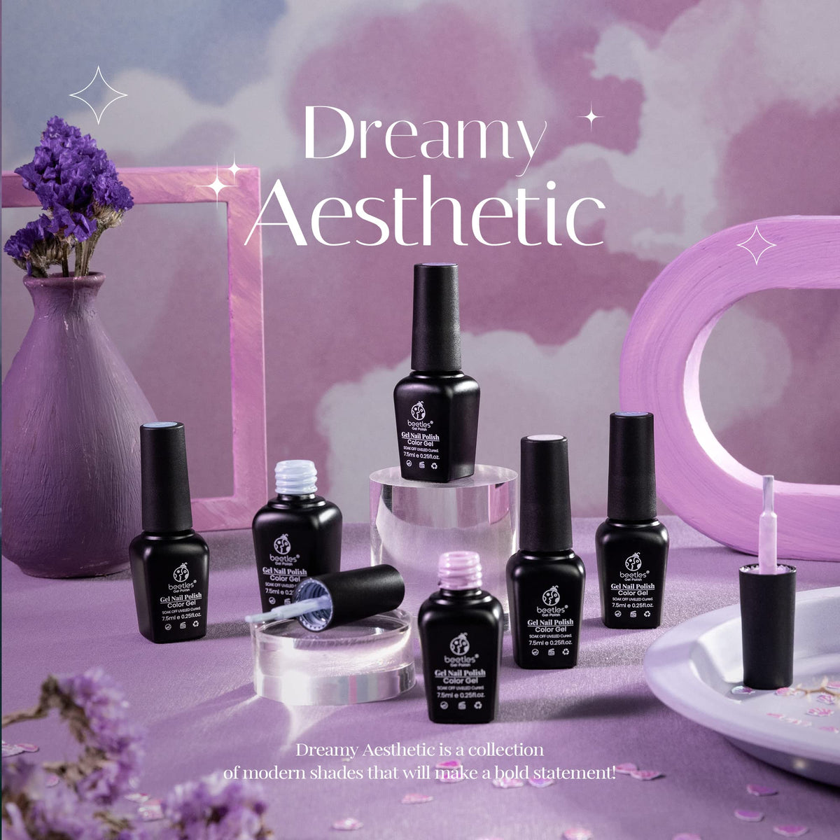 beetles color swatch strip of six pastel and purple shades, clear color preview