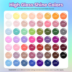 beetles color swatches flatlay displaying 55 neon gel hues for easy selection
