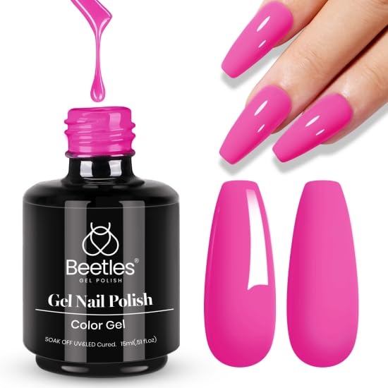 beetles front bottle showing neon pink polish and clear branding for vibrant color