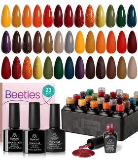 Beetles Cozy Campfire kit box front showing 20 autumn gel colors and top coats