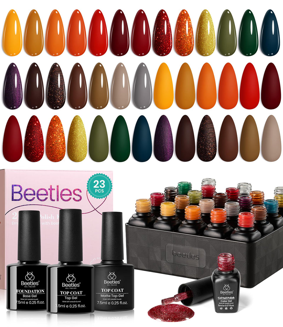Beetles Cozy Campfire kit box front showing 20 autumn gel colors and top coats