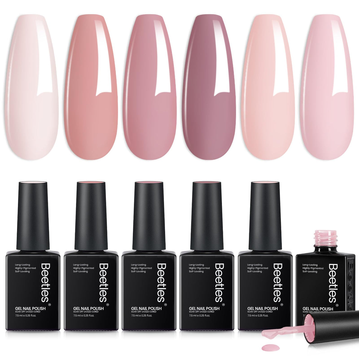 Beetles front packaging showing six nude pink gel polish bottles and cozy palette benefit