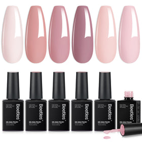 Beetles front packaging showing six nude pink gel polish bottles and cozy palette benefit