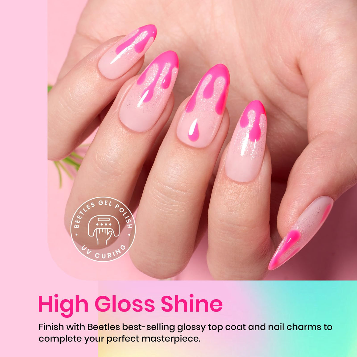Beetles Gel Polish close-up of cream and glitter bottles highlighting smooth, even coverage