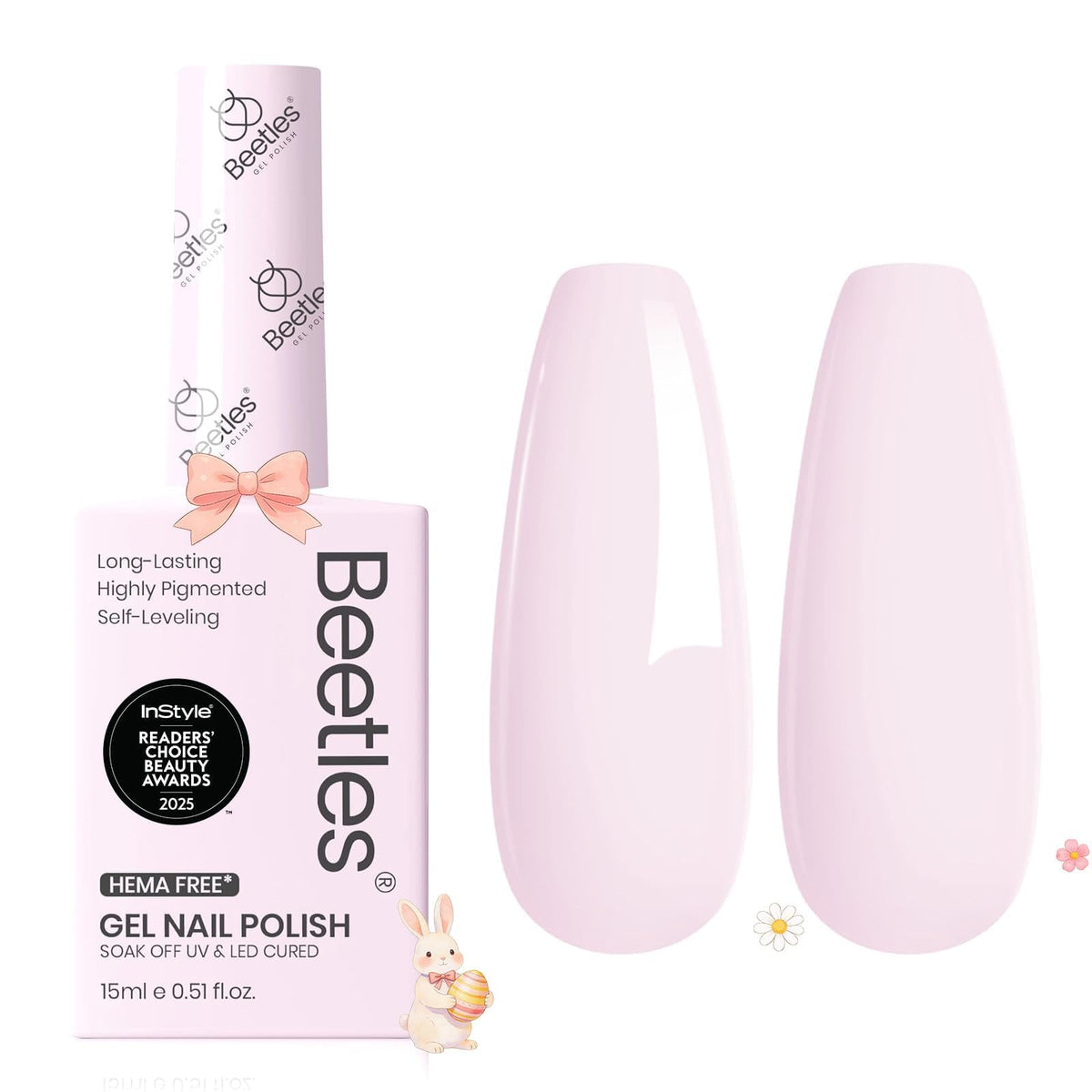 Beetles nails styled with summer outfit showing wearable soft pink shade