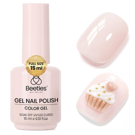Beetles bottle front view showing creamy almond nude and easy identification