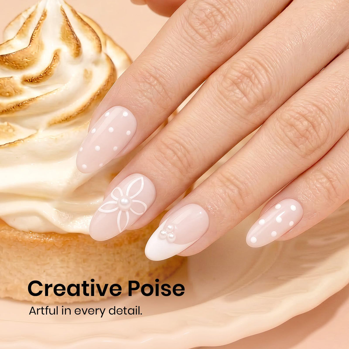 Beetles on model hands showing subtle nude manicure for everyday elegance