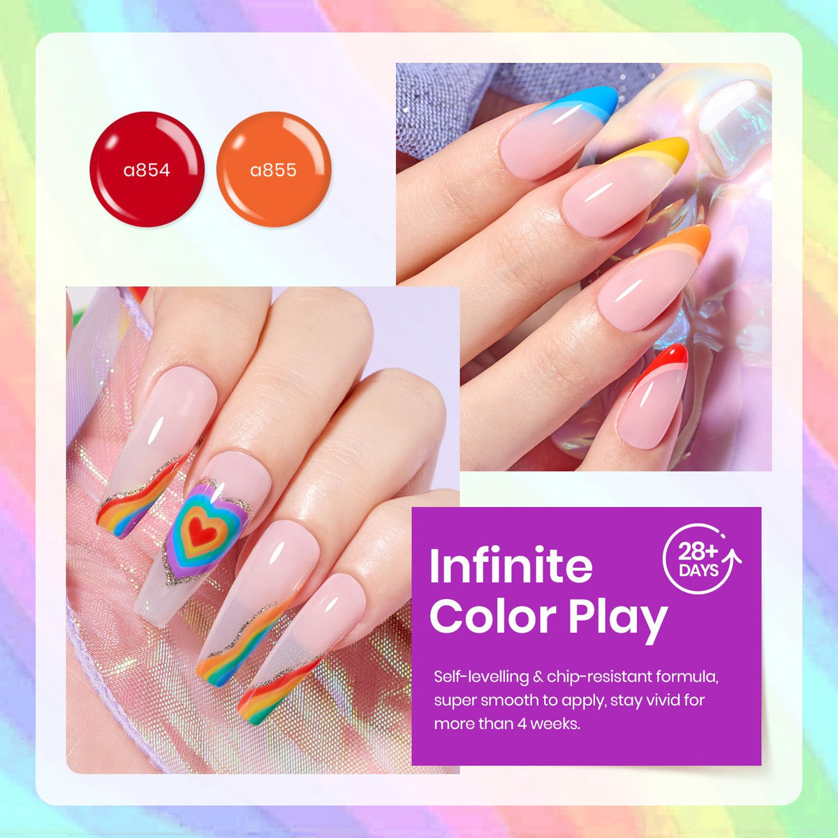 Beetles cured nails on hand with neon rainbow manicure showing glossy, salon-quality finish