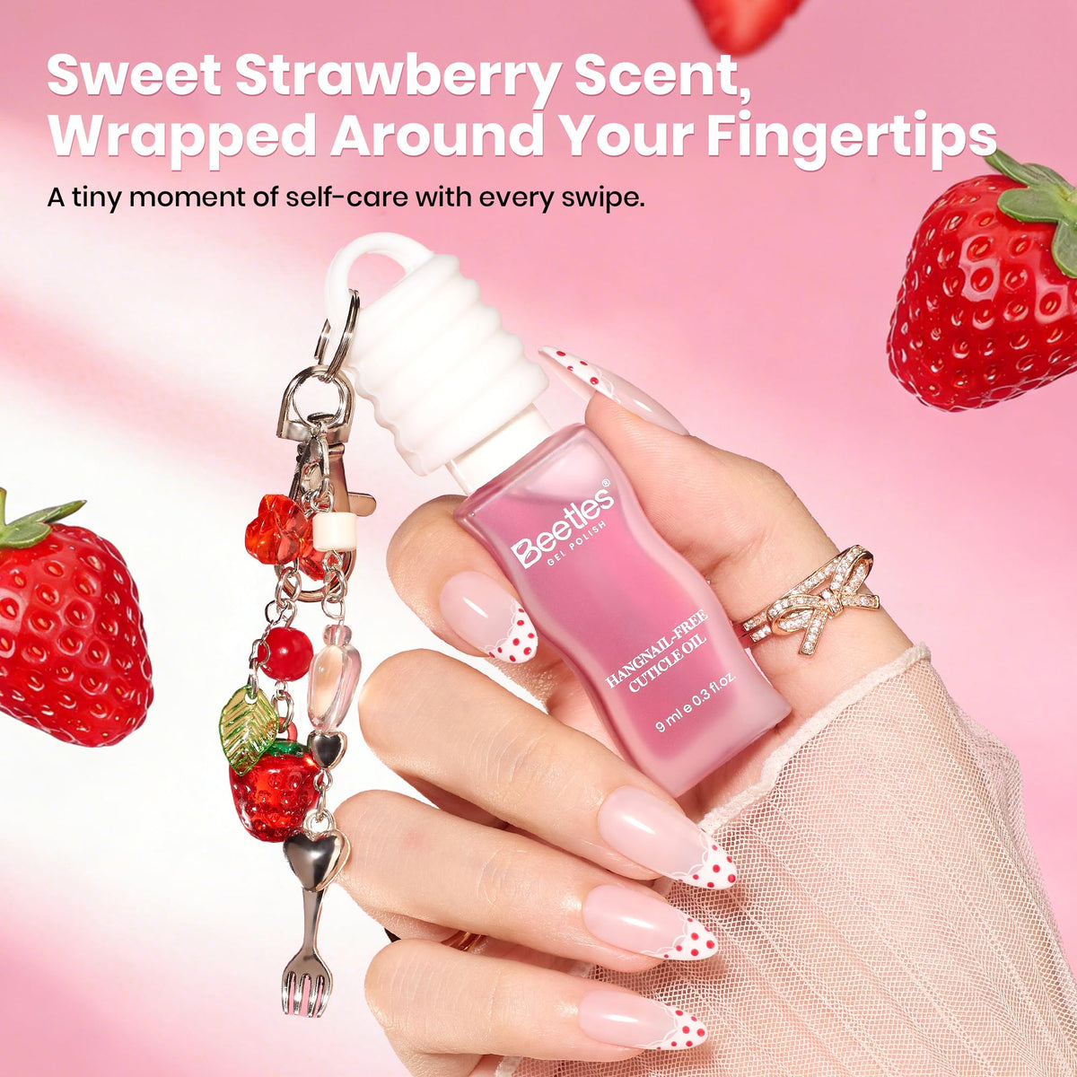 Beetles Gel Polish bottle next to keys displays compact size for on-the-go nail care benefit