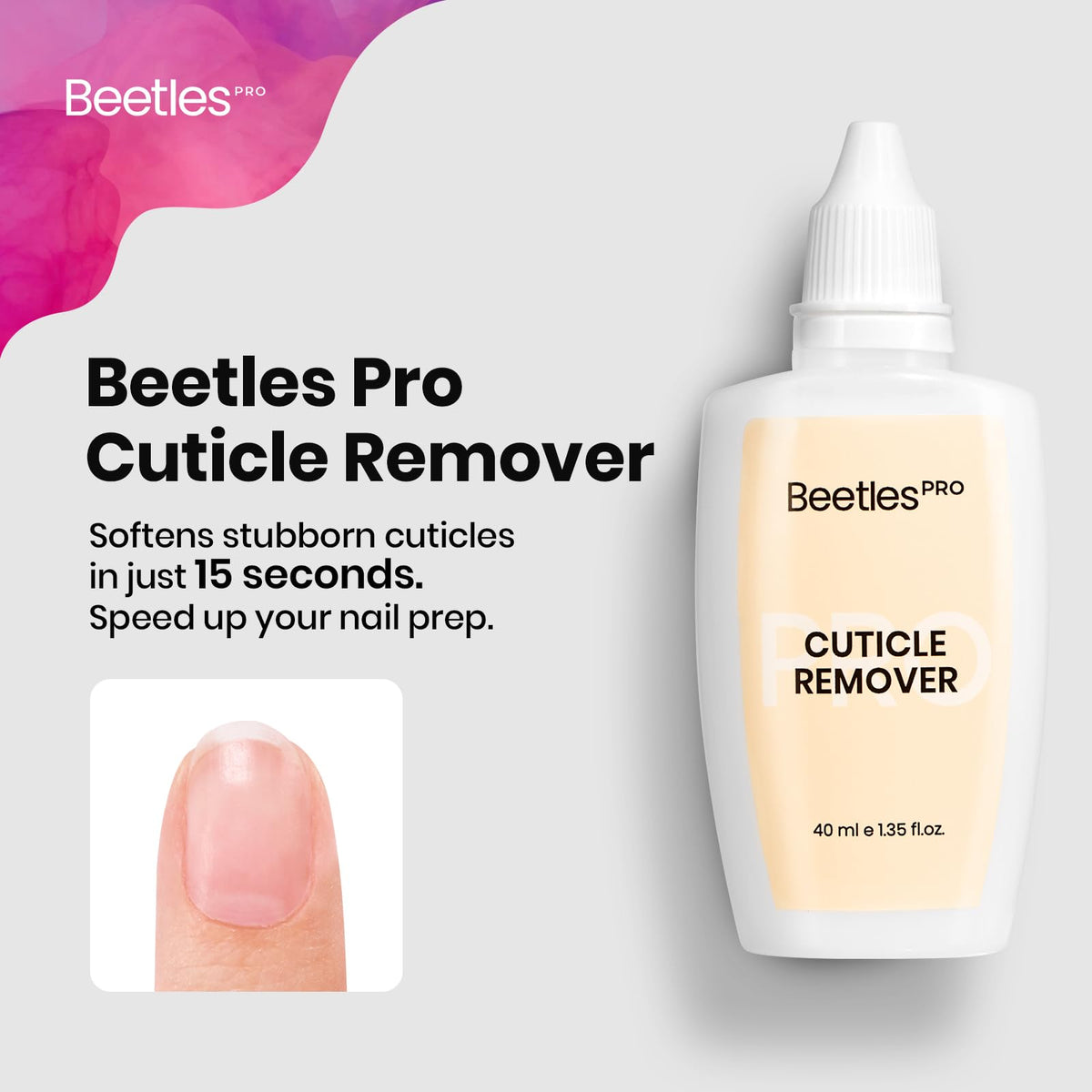 beetles Gel Polish 40ml bottle next to a ruler indicating compact, travel-friendly size