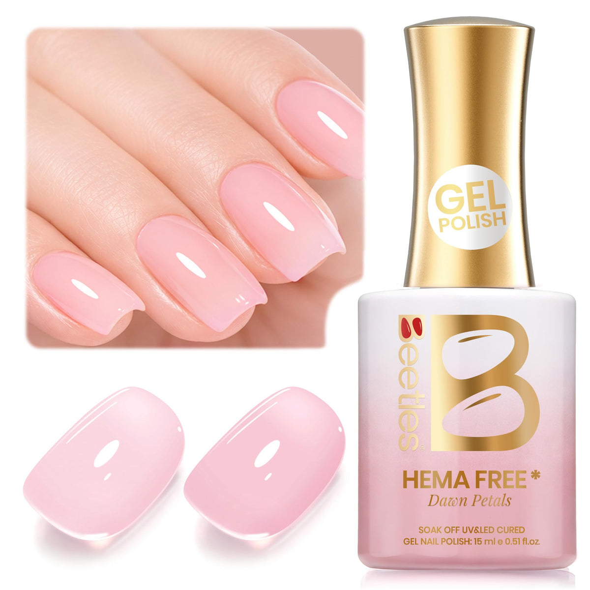 Beetles bottle front packaging showing elegant nude pink shade and label benefit