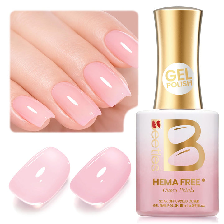 Beetles bottle front packaging showing elegant nude pink shade and label benefit