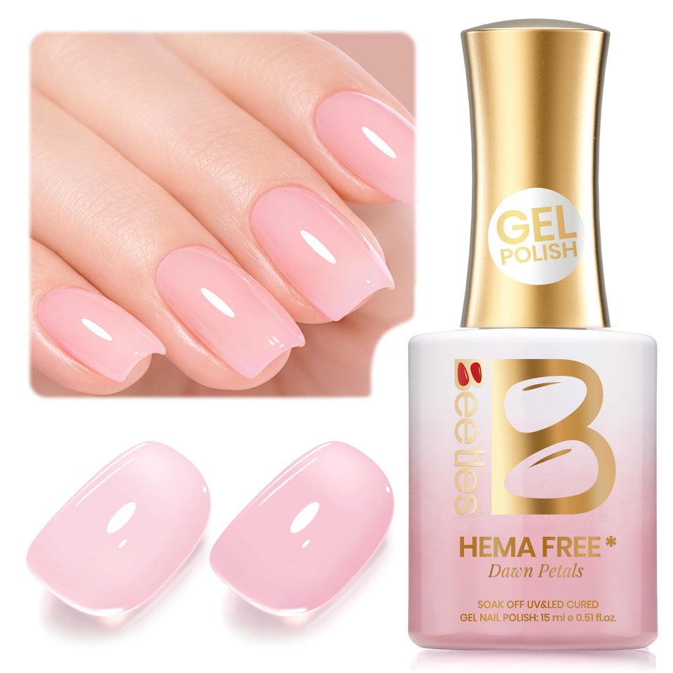 Beetles bottle front packaging showing elegant nude pink shade and label benefit