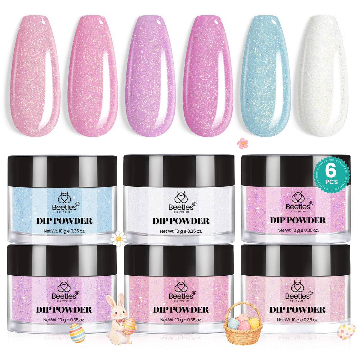 beetles front packaging showing six dip powder jars and product benefits