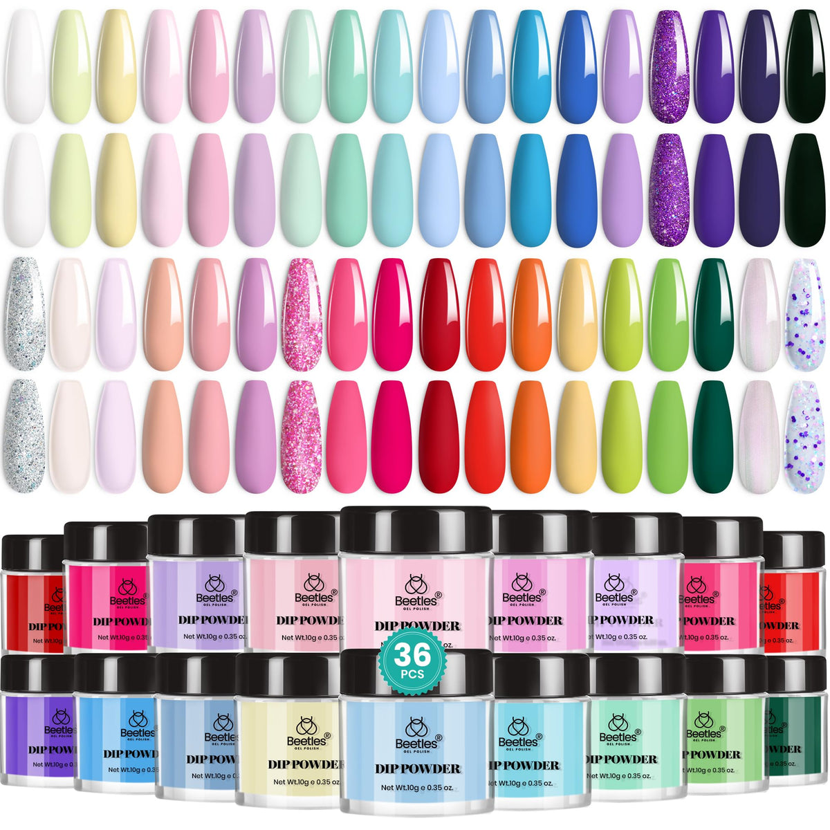 Beetles front packaging showing full 36-color kit and convenient jars