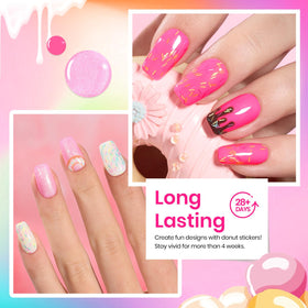 Beetles Gel Polish donut stickers laid with corresponding polish bottles for playful nail art