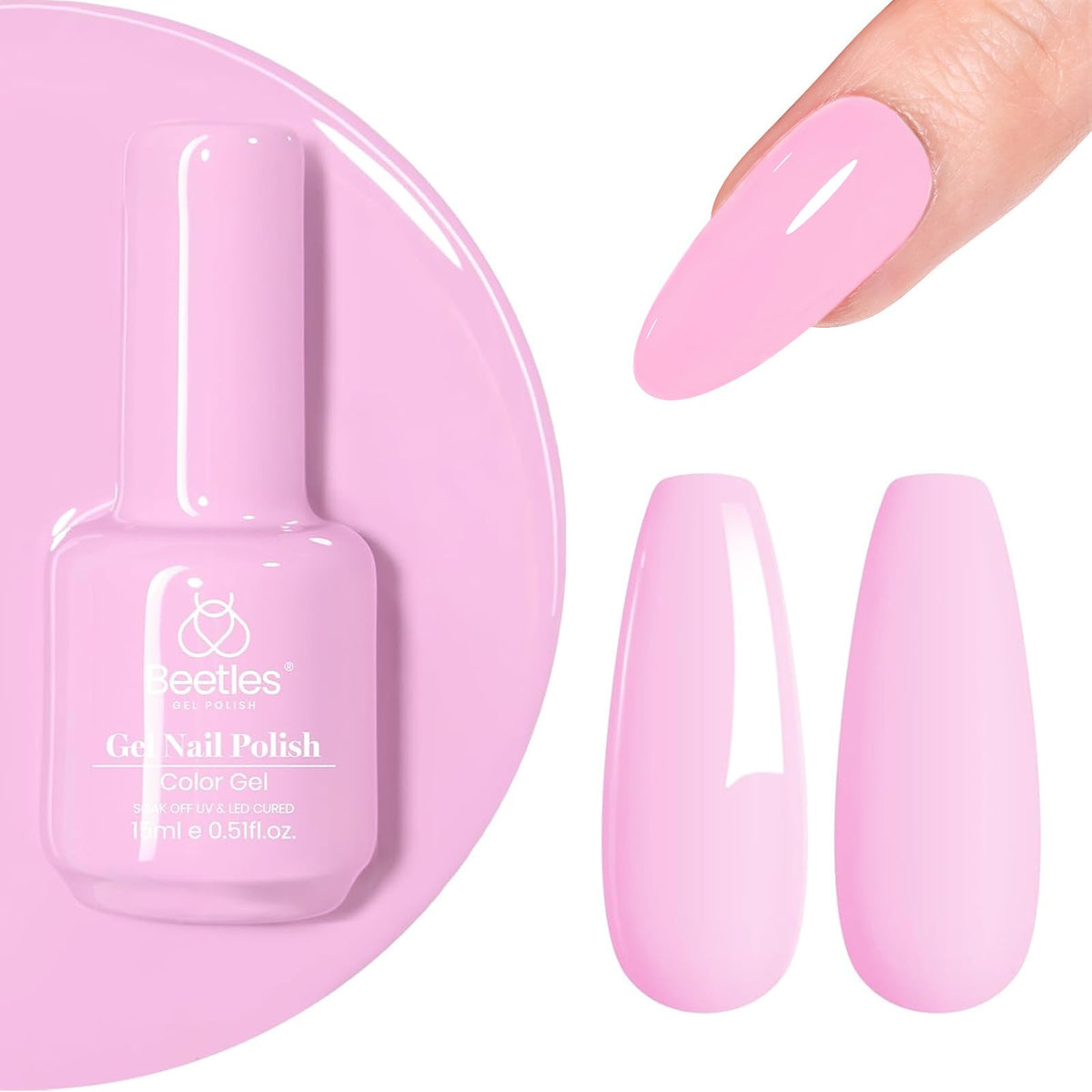 beetles Gel Polish front bottle showing Fairy Tale pastel pink and bottle detail benefit glossy finish