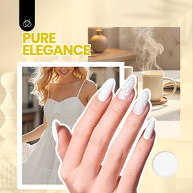 Beetles finished white manicure on hands in lifestyle setting conveying salon-quality