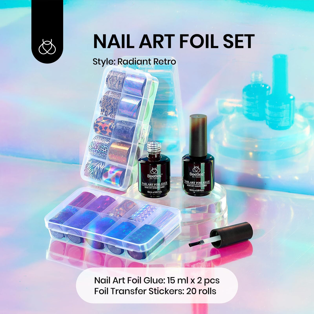 Beetles finished manicure lifestyle shot demonstrating vibrant foil accents and shine