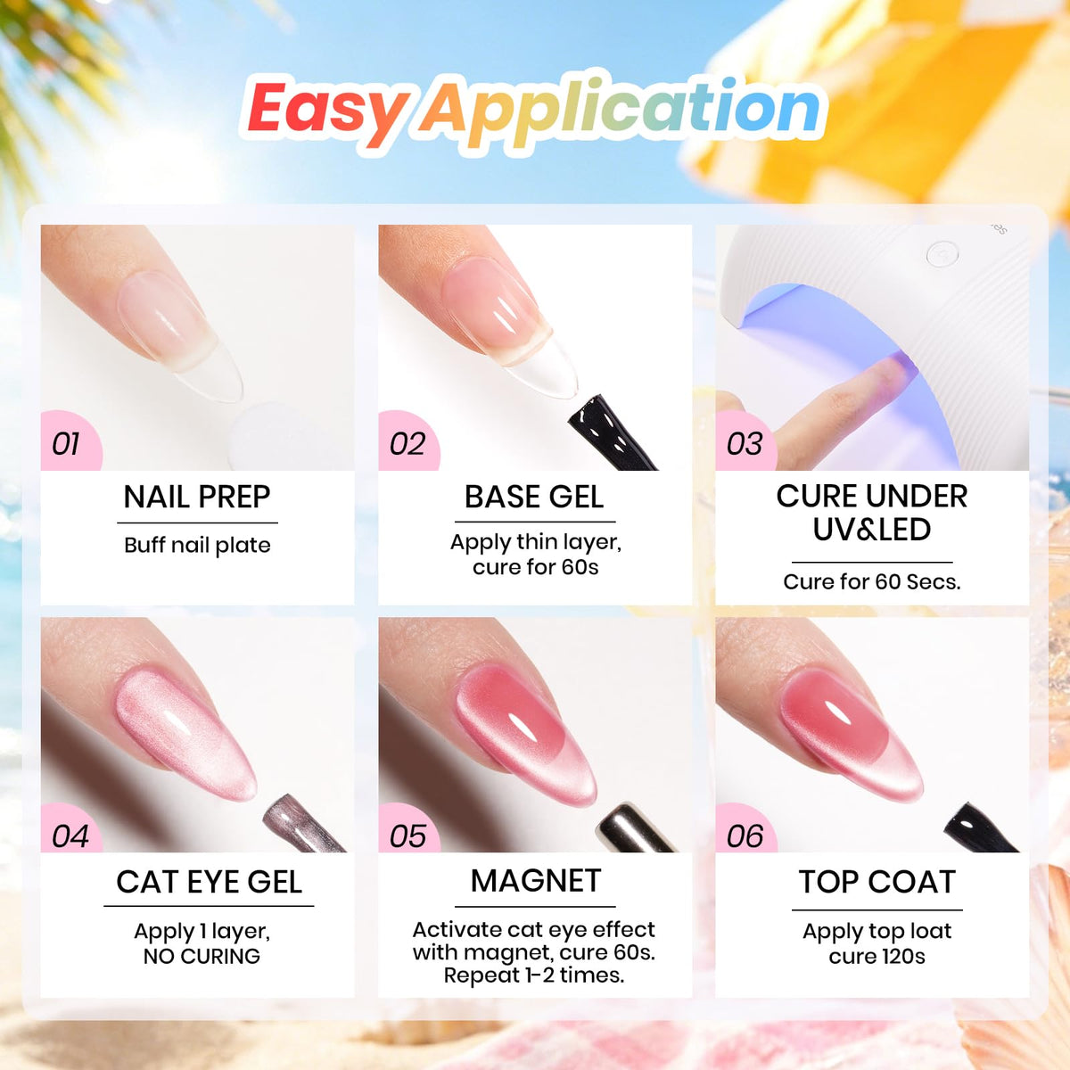 beetles finished manicure multiple nails showing mixed shades and cohesive cat-eye designs