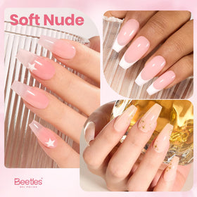 beetles finished nails lifestyle shot showcasing durable glossy nude manicure