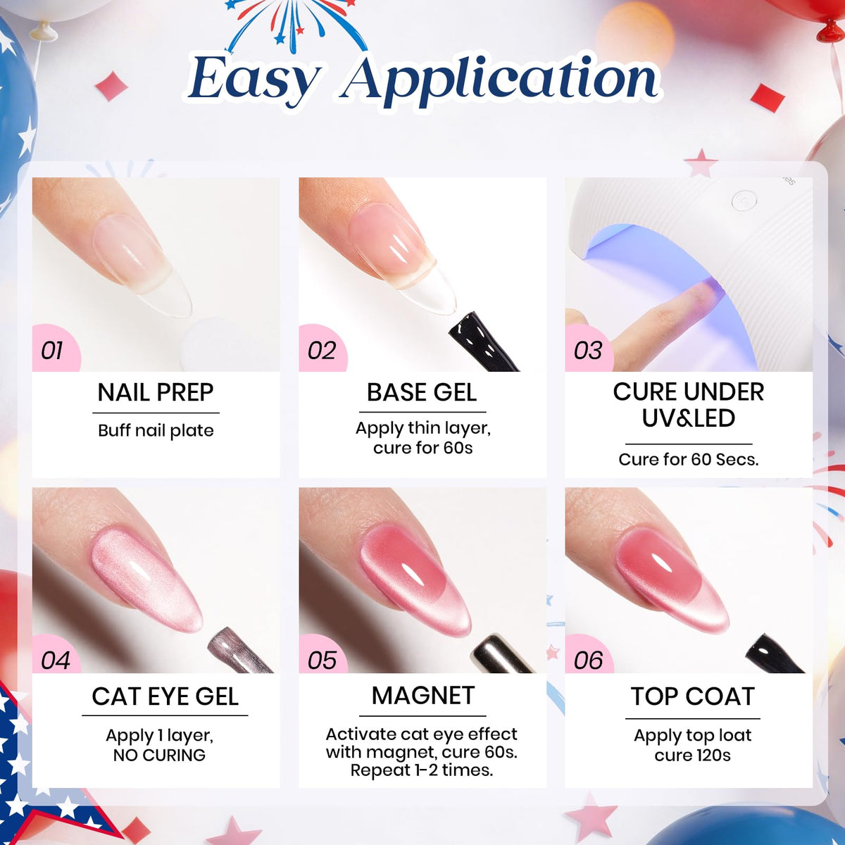 Beetles Gel Polish finished patriotic manicure on hands in sunlight for durable glossy shine benefit