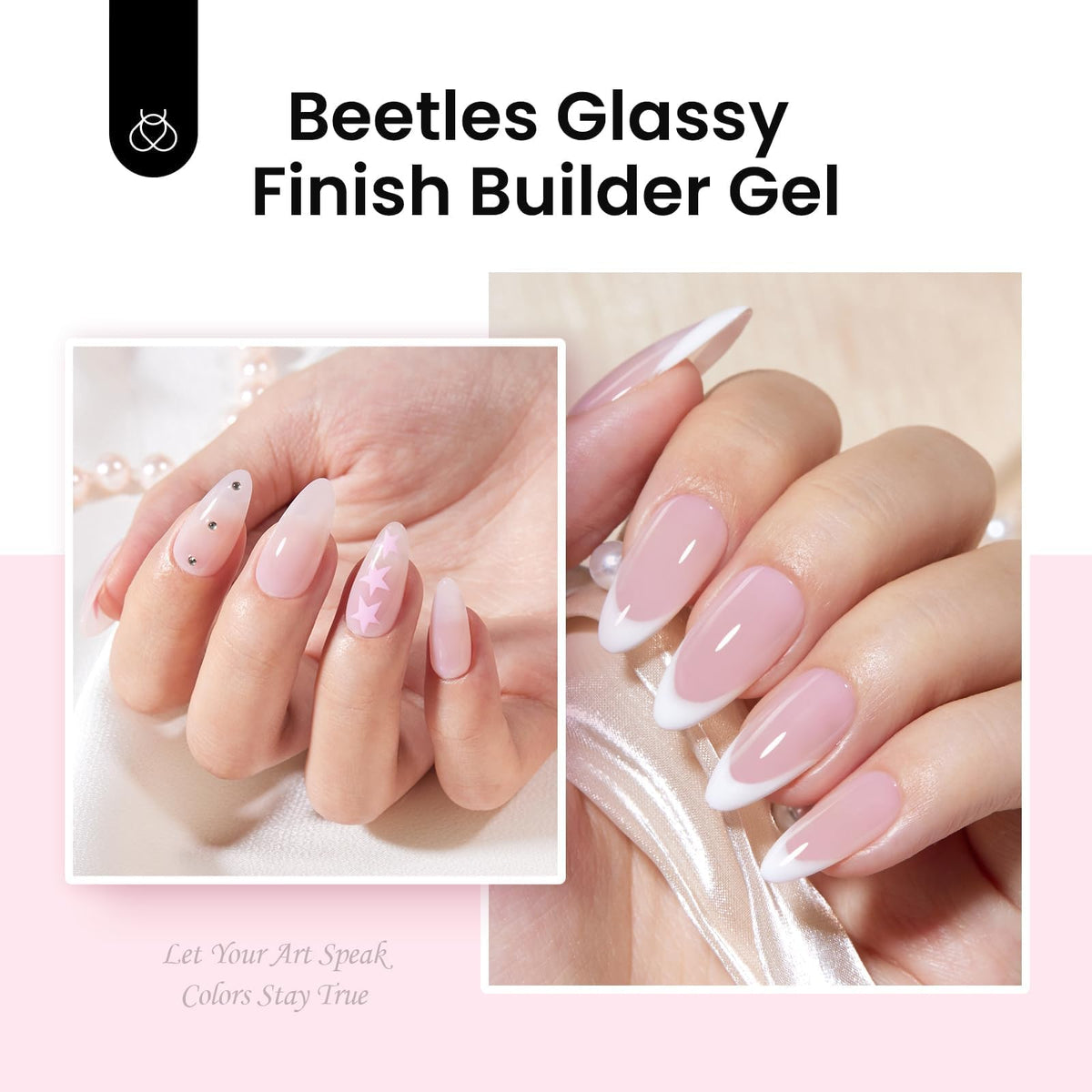 beetles finished nude and glitter gel nails worn in lifestyle setting for elegant wear