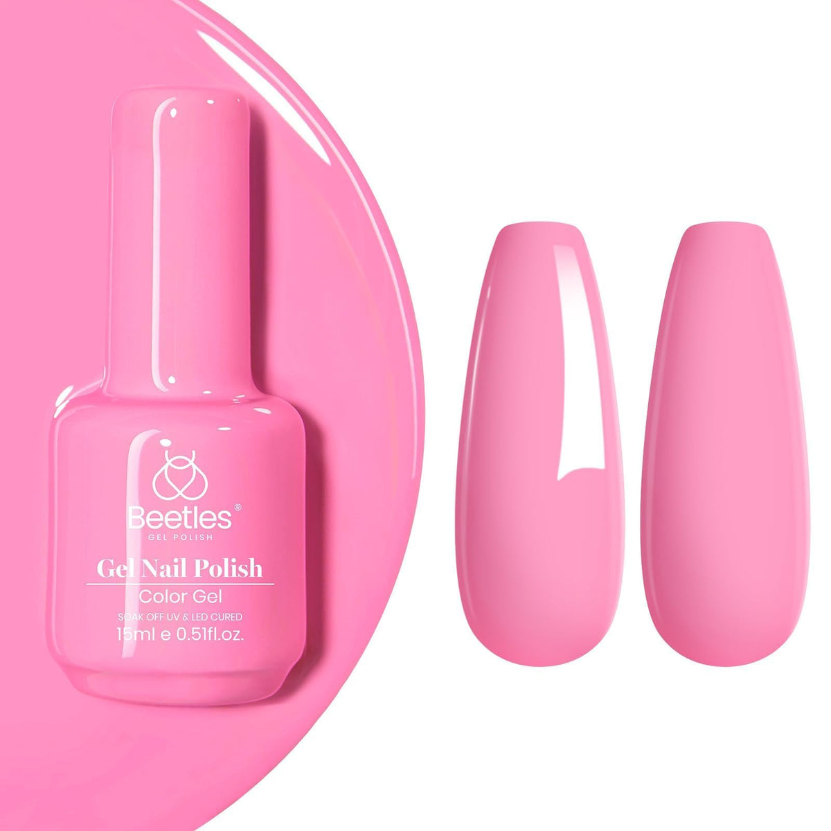 Beetles Gel Polish bottle front view showing soft pink shade and label benefits