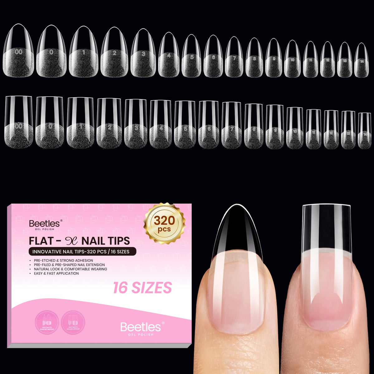 beetles flat-x front packaging showing almond square tips and quantity benefit