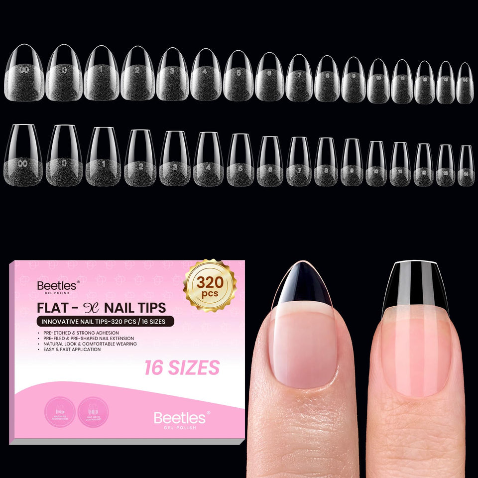 Beetles Flat-X front packaging showing full 320-piece kit and shape benefits