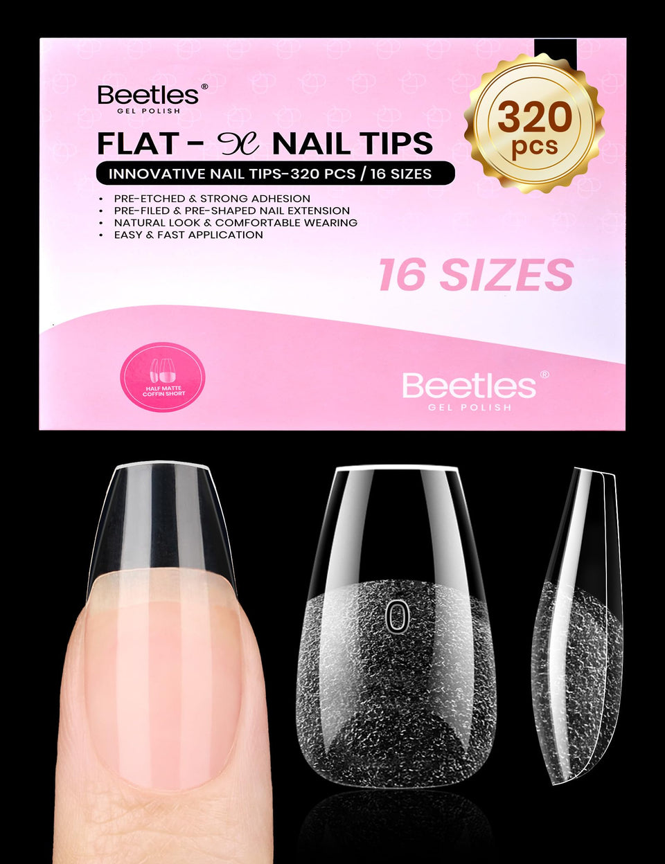 Beetles Gel Polish front packaging showing 320pcs and coffin shape benefit