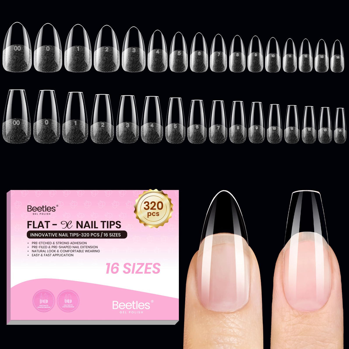 Beetles Flat-X front packaging showing 320-piece almond coffin set for easy selection