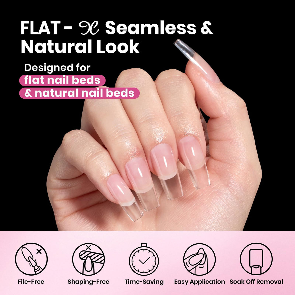 Beetles Flat-X side profile showing gentle arch that fits flat natural nail beds