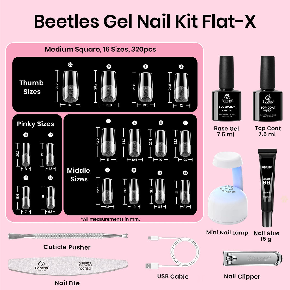 beetles size swatch laid out with 16 sizes for quick, accurate selection