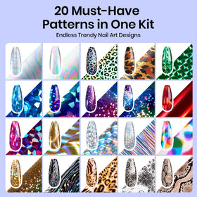 Beetles foil patterns spread displaying holographic and leopard designs for creative looks