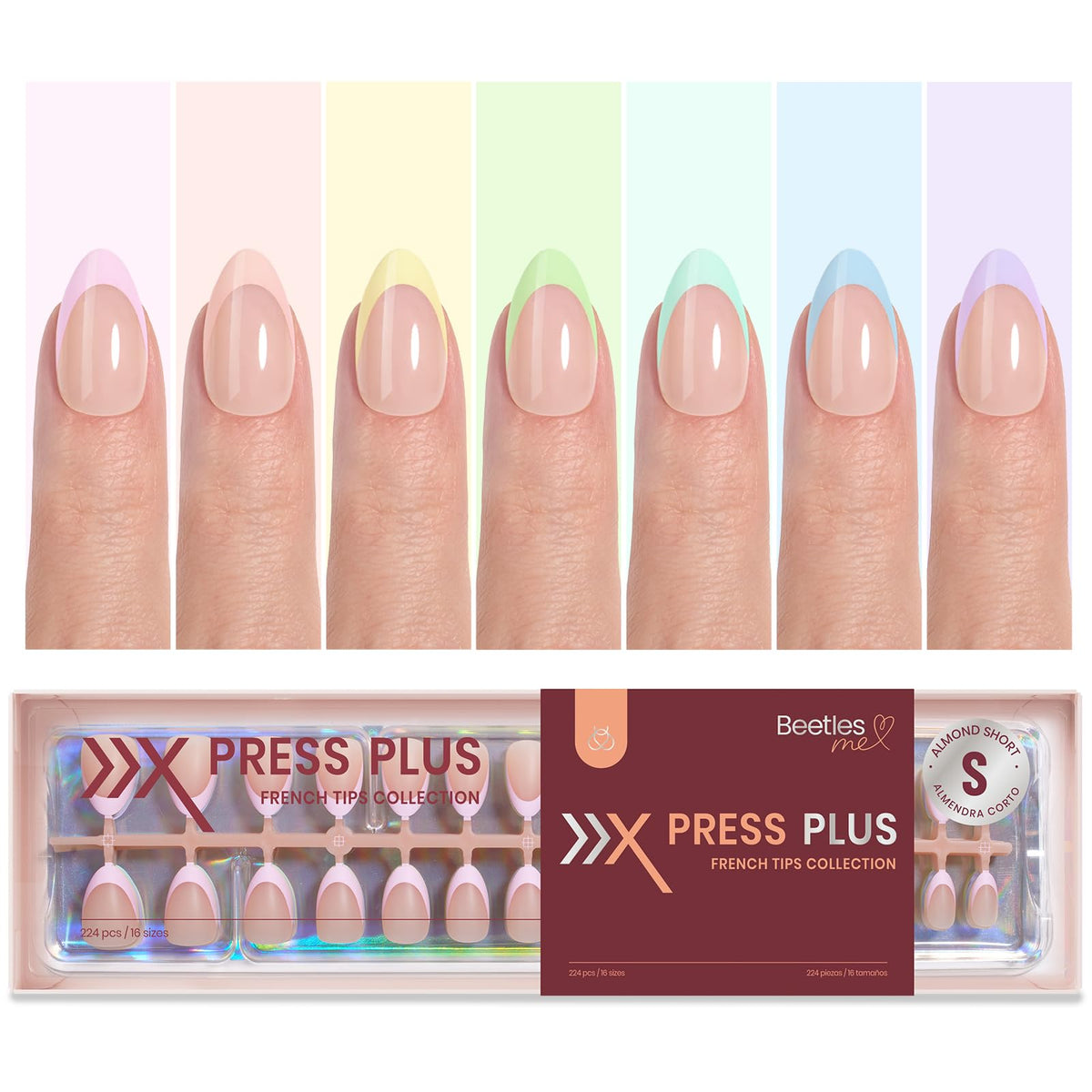 beetles front packaging showing 224-piece pastel press-on set and convenience