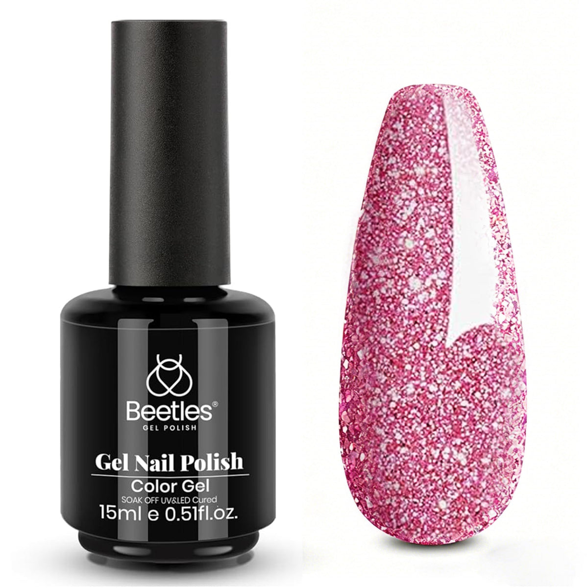 beetles front bottle glitter pink showing glossy sparkle and product identity
