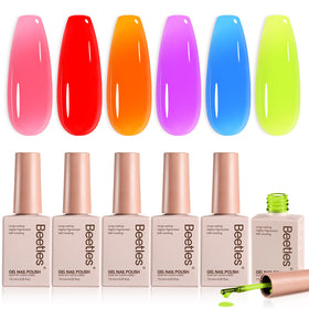 beetles front bottle lineup showing six neon jelly polishes and vivid color options