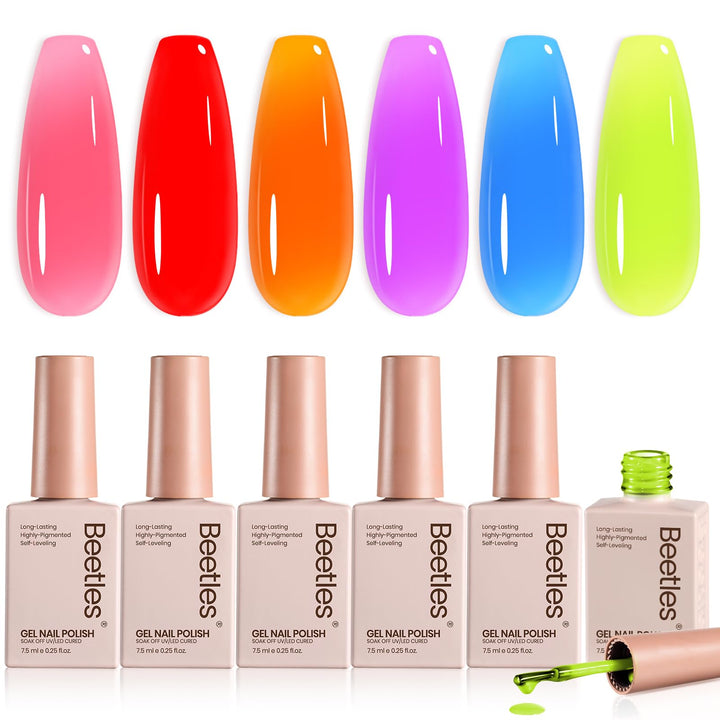 beetles front bottle lineup showing six neon jelly polishes and vivid color options