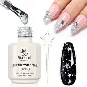 beetles front bottle showing silver glitter top coat and glossy finish benefit