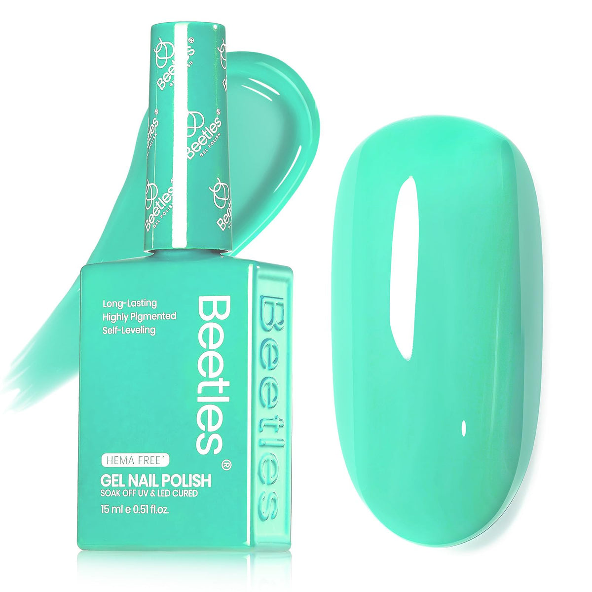 Beetles front bottle showing mint-teal shade and easy identification