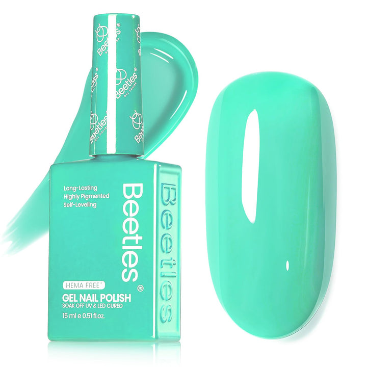 Beetles front bottle showing mint-teal shade and easy identification