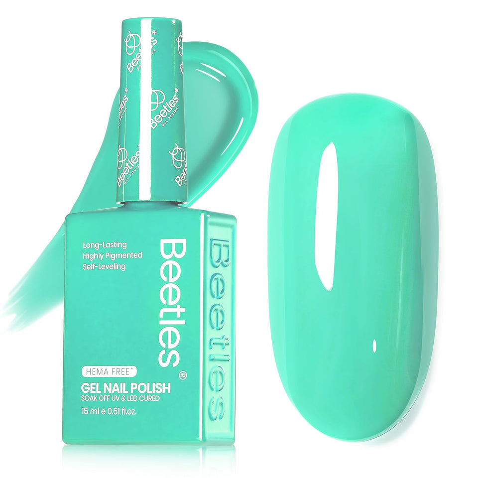 Beetles front bottle showing mint-teal shade and easy identification