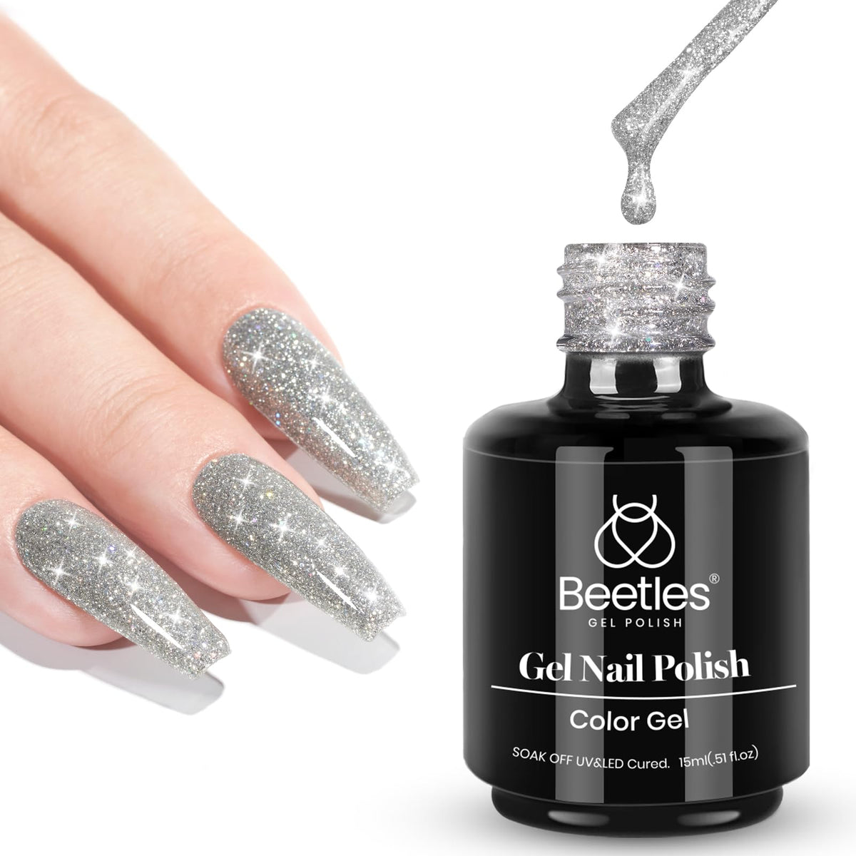 beetles front bottle shown upright with reflective silver glitter sheen