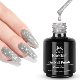 beetles front bottle shown upright with reflective silver glitter sheen
