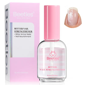 beetles front bottle showing clear 15 ml nail strengthener, protective everyday polish