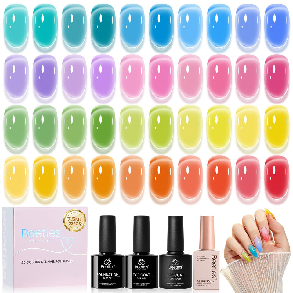 beetles front packaging showing 20 colorful bottles and clear jelly finish