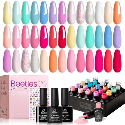 beetles front packaging showing 20-color pastel set and three top/base coats for variety