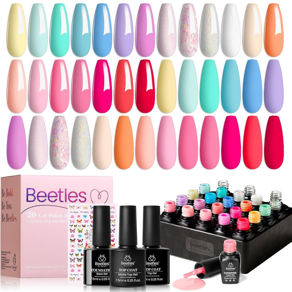 beetles front packaging showing 20-color pastel set and three top/base coats for variety