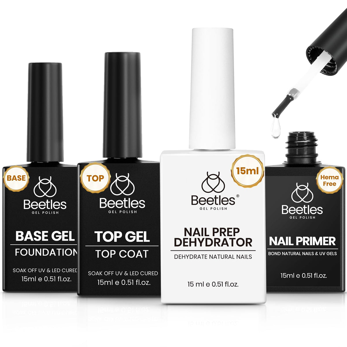 Beetles Gel Polish front packaging showing full 4-piece kit, professional prep benefits